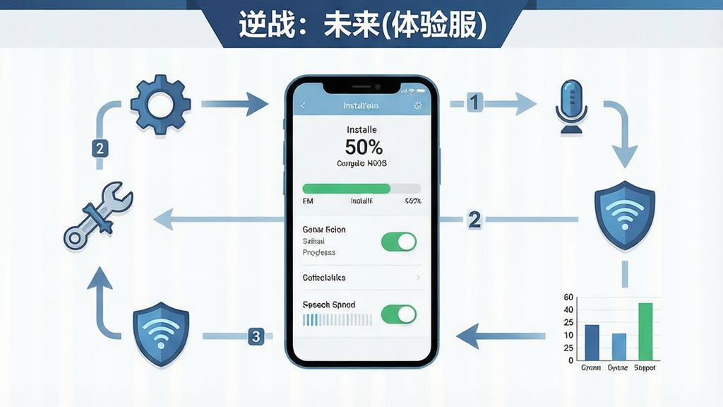 一张展示手机游戏安装与问题排查流程的示意图,画面主体为一部智能手机屏幕显示安装进度条与设置菜单,周围环绕齿轮、扳手、盾牌、WiFi信号等图标,布局为手机居中、图标环绕四周形成流程闭环,排版上采用步骤编号引导视觉动线,风格为扁平化科技说明插画,细节包括进度百分比、权限开关、存储空间柱状图,画质为高清矢量质感、干净清爽、无多余元素,画面中可包含