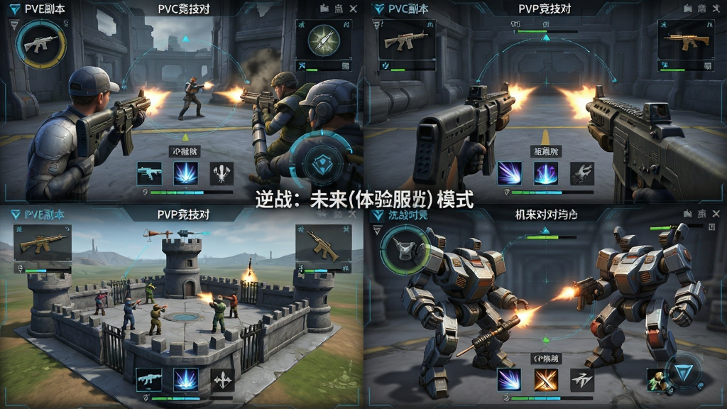 一张展示多种射击玩法模式的组合式游戏画面,画面主体由四个分区构成,分别呈现PVE副本战斗、PVP竞技对枪、塔防布防、机甲对战四个场景,布局为田字格四宫格排版,风格为统一科幻游戏截图风格,细节包括各场景的HUD界面元素、武器图标、技能冷却条,画质为高清游戏实机质感、干净清晰、无多余元素,画面中可标注