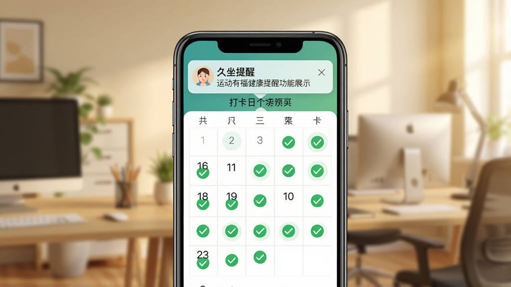 运动有福健康提醒功能展示图,画面中央为手机屏幕,显示打卡日历界面,日历上多个日期带有绿色对勾标记,屏幕上方弹出久坐提醒通知横幅,手机背景为模糊的室内办公场景,整体色调温暖明亮,风格写实清晰,无杂乱元素