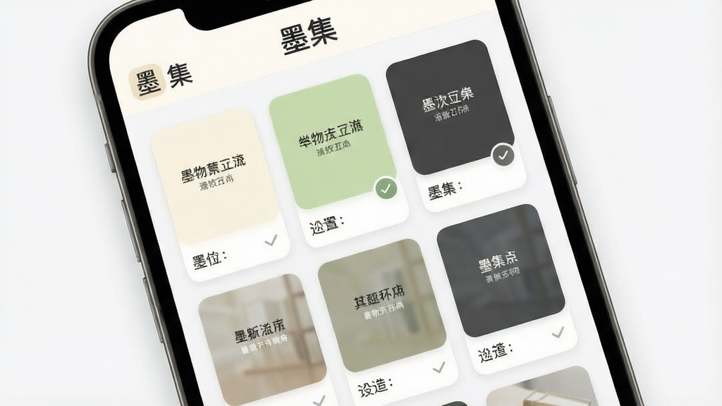 一张展示阅读软件主题设置界面的图片,主体为手机屏幕上的设置面板,面板中排列着多张不同配色的主题缩略图,屏幕上方显示“墨集”标志,布局为网格状排列,风格为柔和圆角卡片式设计,细节包括米白、浅绿、深灰等配色方块、字体样例文字、选中状态的对勾图标,画质清晰,画面干净无多余元素