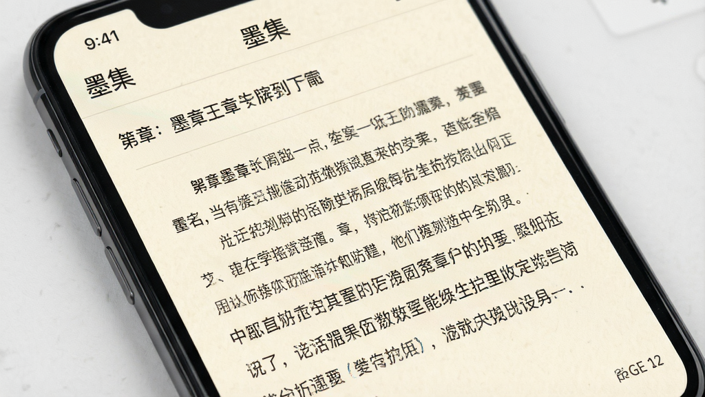 一张手机阅读软件的界面特写图,画面主体为手机屏幕显示的电子书正文页面,页面顶部标注“墨集”品牌名,布局为上下结构,上方为状态栏与章节标题,下方为正文段落,风格为清新护眼风,细节包括米黄色纸张背景、细腻的字体渲染、右下角的页码标识,画质高清,画面干净整洁,无杂乱元素