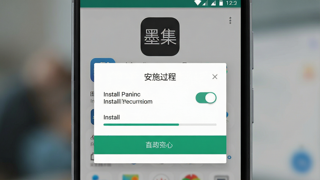 一张安卓手机安装应用过程的示意图,画面主体为手机屏幕显示安装权限确认弹窗,屏幕上方有“墨集”应用图标,布局为居中弹窗构图,风格为扁平化系统界面风格,细节包括权限开关按钮、安装进度条、手机边框与背景虚化效果,画质清晰干净,无多余装饰