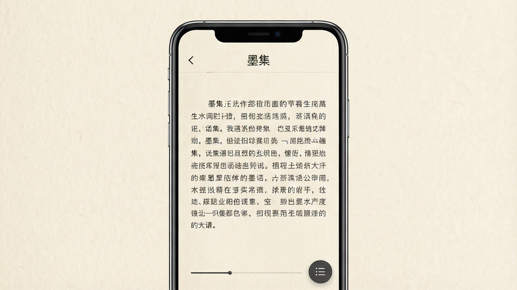 一张展示手机阅读应用界面的产品展示图,主体是一部竖屏安卓手机,屏幕中央显示简洁的电子书阅读页面,页面顶部有“墨集”字样,背景为浅米色纸张纹理,排版为居中构图,风格为现代极简产品视觉,细节包括手机边缘的高光、页面上的段落文字与进度条、右下角悬浮的目录按钮,画质清晰干净,无多余装饰元素