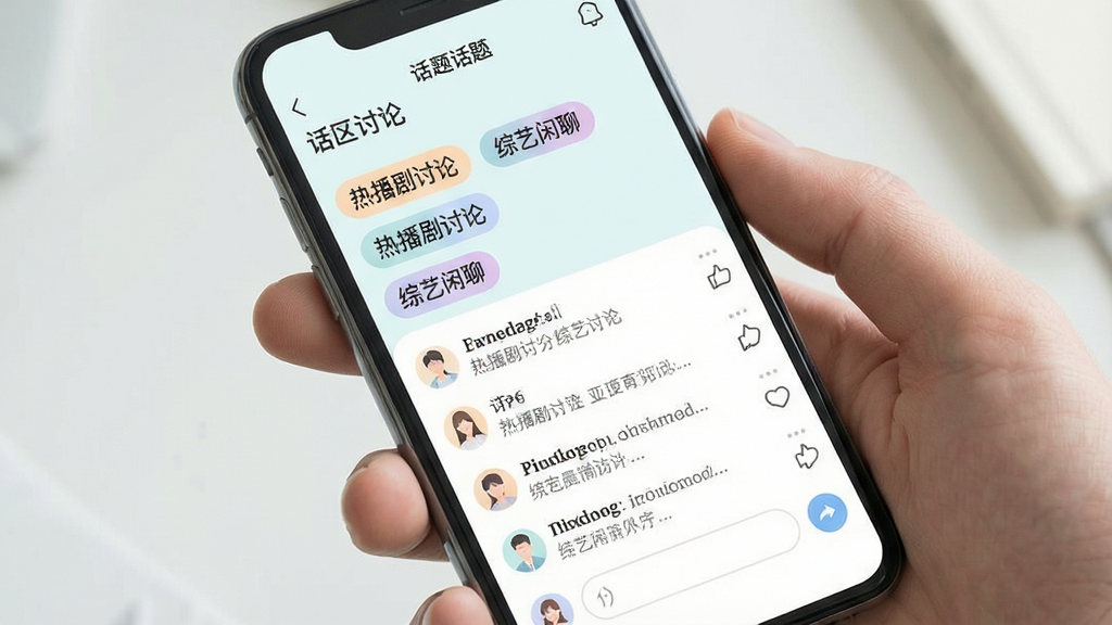 手机界面展示话题讨论社区,画面中有多个话题标签如“热播剧讨论”“综艺闲聊”,下方为评论列表与输入框,界面配色柔和,风格清新浅色,布局清晰,画质干净,无多余元素