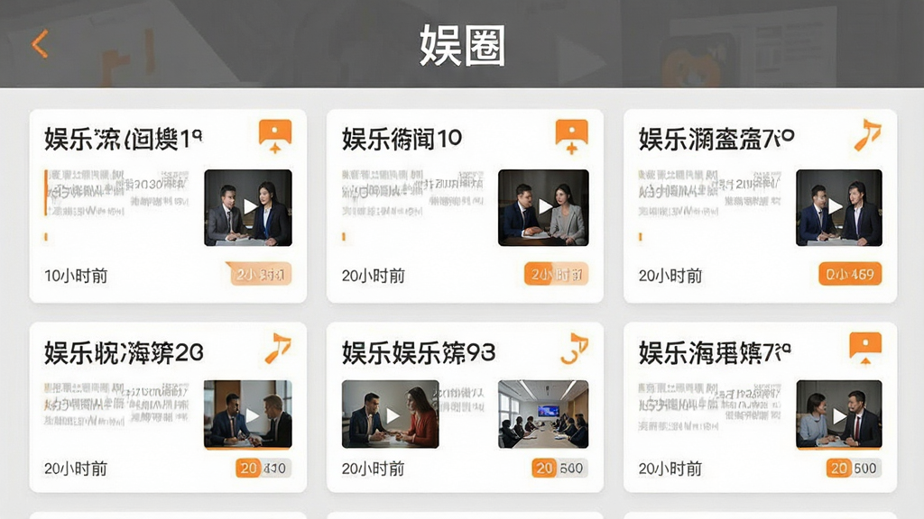 扁平化信息流界面示意图,画面中排列着多张娱乐新闻卡片,每张卡片包含标题、缩略图与时间标签,顶部有“娱圈”字样,整体布局规整,配色以白灰为主辅以少量橙色点缀,风格简洁商务,画质清晰,无多余装饰元素