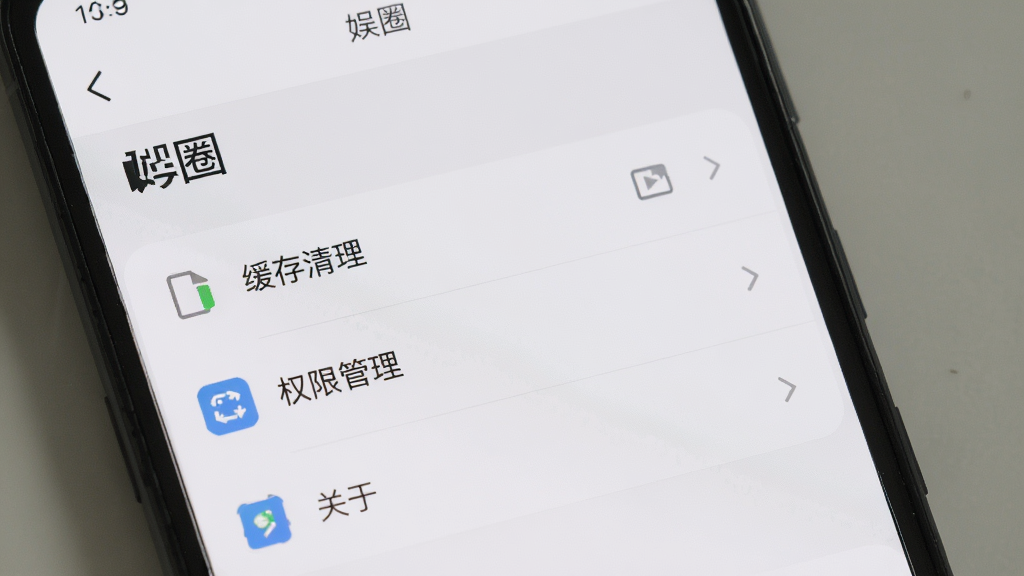 手机屏幕显示“娱圈”应用设置页面,包含缓存清理、权限管理、关于应用等选项,界面风格素雅极简,配色以白色与浅灰为主,布局清晰,画质干净,无多余元素