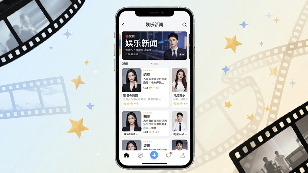 手机屏幕中央展示“娱圈”应用主界面,顶部为娱乐新闻横幅,中部为明星动态卡片流,底部为导航栏,背景为浅色渐变,周围点缀影视胶片与星光元素,整体风格清爽现代,画质清晰干净,无多余杂乱元素