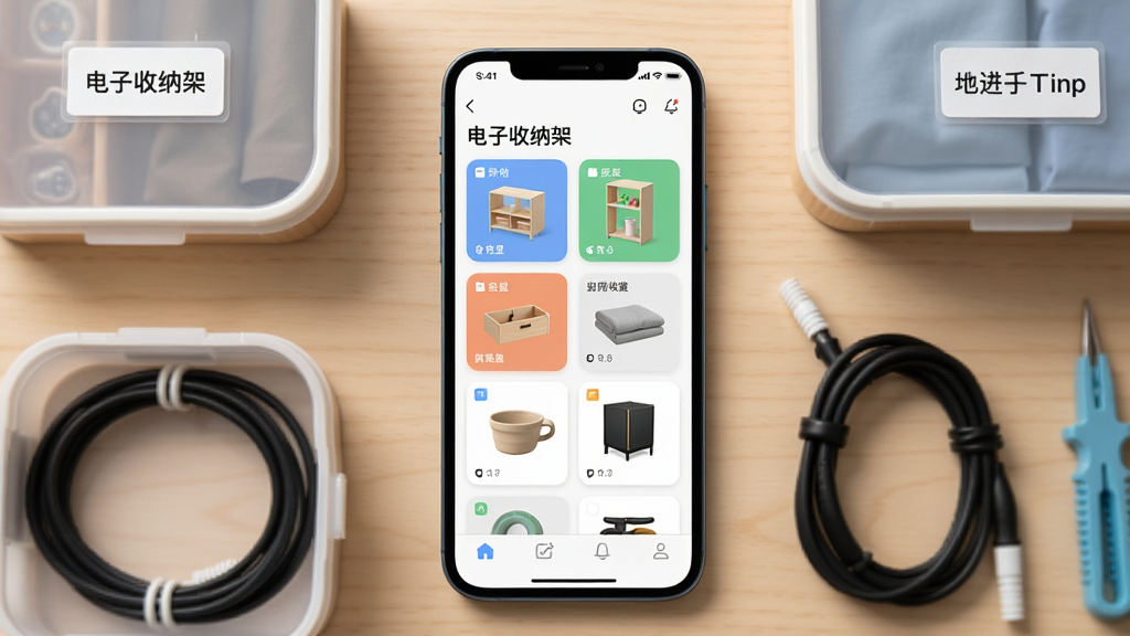 画面中央展示一部智能手机,手机屏幕上显示“电子收纳架”应用的主界面,界面中有多个分类卡片和物品缩略图,手机周围整齐摆放着收纳盒、线材、小工具等实物,背景为浅木色桌面,整体构图居中对称,风格为清新写实的产品展示风,细节包括收纳盒标签、手机界面图标清晰可见,画质干净明亮,无多余杂乱元素