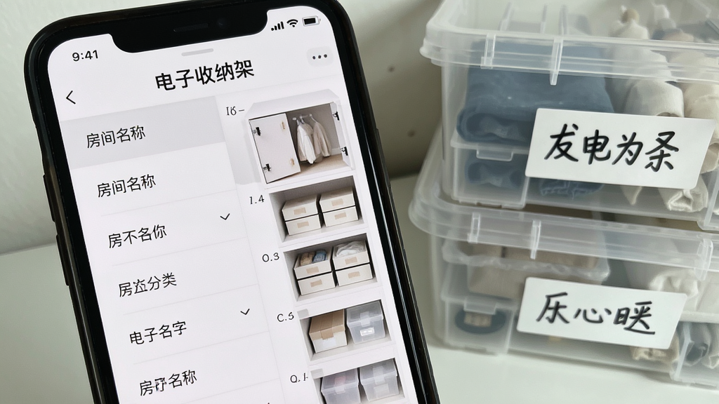 画面主体为手机屏幕特写,屏幕上展示“电子收纳架”的多层级分类列表,左侧为房间名称,右侧展开柜体与收纳盒层级,屏幕旁边放置几个贴有手写标签的透明收纳盒,布局为左手机右实物,风格为简约生活记录风,细节包括标签文字清晰、层级线条分明,画质干净无噪点
