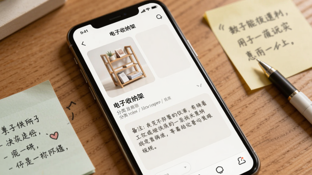 画面展示手机屏幕上的“电子收纳架”物品详情页,页面中包含物品照片、名称、分类路径和一段文字备注区域,手机斜放在木质桌面上,旁边散落几张便签纸和一支笔,构图以手机为主体,风格为温暖手账风,细节包括备注文字清晰可读、便签纸自然摆放,画质柔和干净