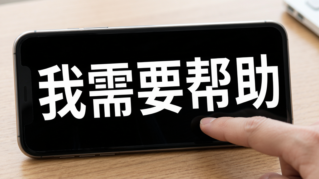 听话小黑板大字号显示功能展示,画面中一部手机横屏放置在桌面上,屏幕显示巨大的白色文字“我需要帮助”,字体占据屏幕大部分区域,背景为纯黑色,手机旁边有一只手正指向屏幕,整体构图突出文字的可读性,风格写实,光线明亮,画质清晰干净