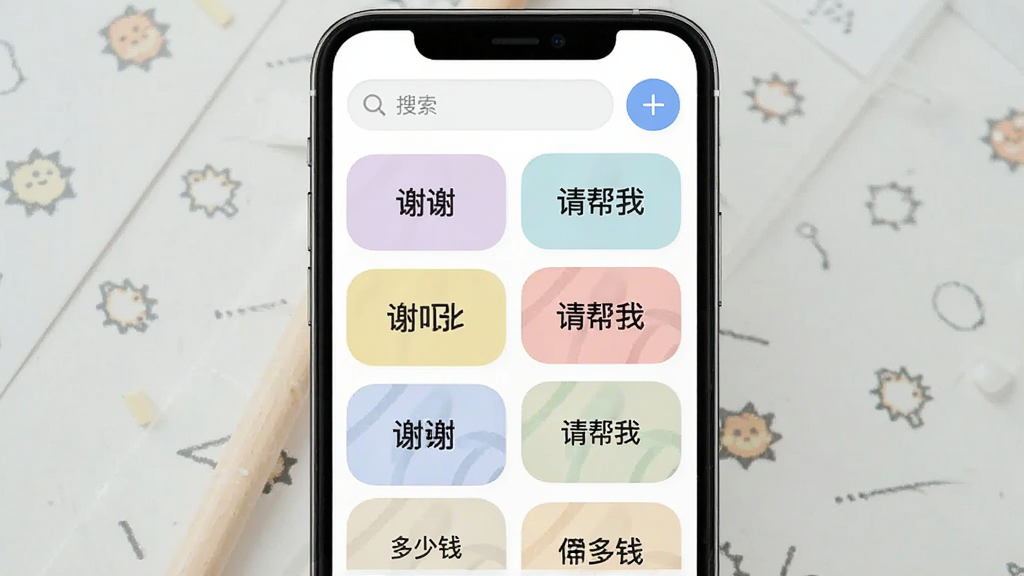 听话小黑板快捷短语管理界面,画面展示手机屏幕内排列着多个彩色标签卡片,每张卡片上写有不同短语如“谢谢”“请帮我”“多少钱”,卡片采用圆角设计,颜色柔和,界面顶部有搜索框与添加按钮,整体布局整齐有序,风格清新简洁,画质清晰干净