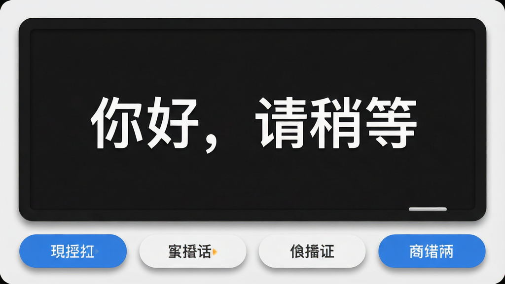 听话小黑板软件主界面展示,画面中央是一块深色背景的电子黑板,上面用白色大字显示“你好,请稍等”字样,黑板下方排列着几个快捷短语按钮,整体布局简洁清晰,采用扁平化设计风格,配色以黑灰白为主,点缀少量蓝色高亮,细节上体现圆角按钮与柔和阴影,画质清晰干净,无多余装饰元素
