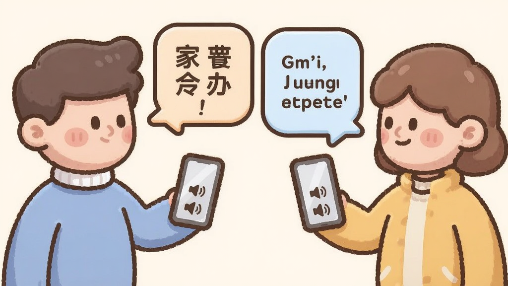 两位卡通人物面对面站立,各自手持手机,中间用对话气泡连接,气泡内分别显示中文和英文短句,下方有扬声器图标;采用圆润卡通风插画,配色柔和明快,背景为浅色纯色,构图左右对称,细节清晰,画质干净高清