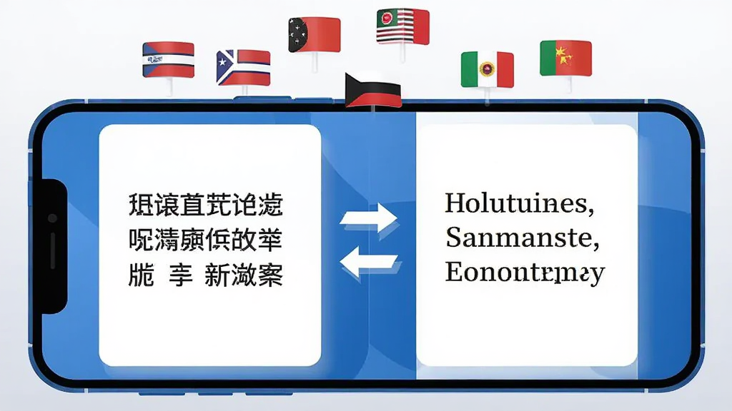 一部手机横置在画面中央,屏幕左右分栏显示中文与英文对照文本,中间有双向箭头连接,手机上方漂浮多个国家的国旗小图标;采用现代扁平插画风格,主色调为科技蓝与白色,背景为柔和浅灰渐变,构图简洁,文字清晰,画质干净高清