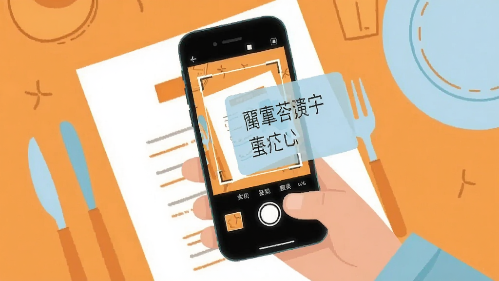 画面展示一只手举着手机对准餐厅菜单拍照,手机屏幕内浮现识别框与中文译文浮层,旁边点缀刀叉、餐盘等简笔元素;风格为清新扁平插画,配色以暖橙与浅蓝搭配,布局突出手机主体,细节简洁,画质高清,整体干净无杂乱