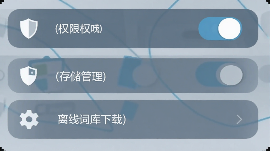 手机屏幕显示设置页面,其中有权限开关、存储管理、离线词库下载等选项,旁边有盾牌图标和齿轮图标点缀;采用简洁扁平风格,配色以蓝灰为主,布局清晰,细节干净,画质高清,无多余元素