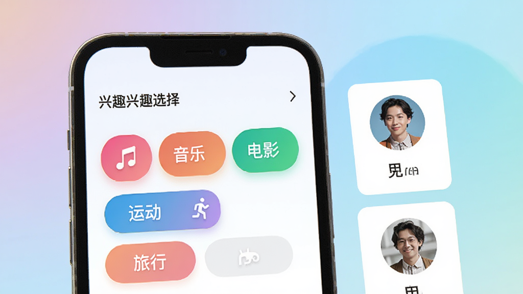 觅遇公园智能兴趣匹配功能界面,手机屏幕显示兴趣标签选择页面,有音乐、电影、运动、旅行等彩色标签按钮,旁边有推荐用户头像卡片,背景为柔和的渐变色调,风格简约科技感,画质清晰,干净无多余元素