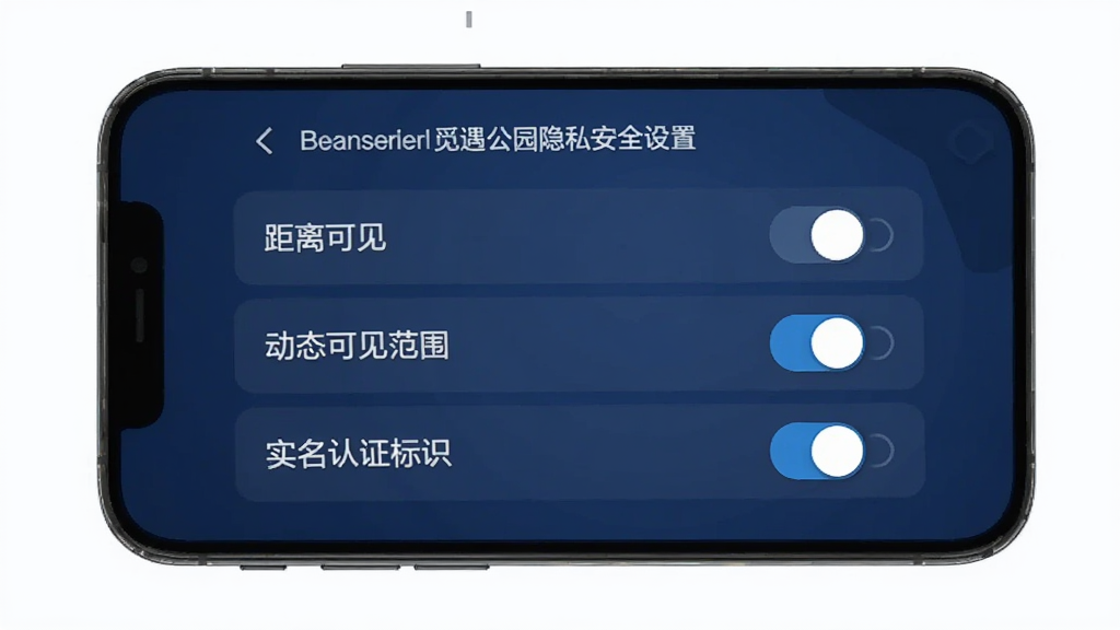 觅遇公园隐私安全设置界面,手机屏幕显示隐私选项列表,包括距离可见、动态可见范围、实名认证标识等开关按钮,界面以深蓝色调为主,风格稳重安全,画质清晰,干净无多余元素