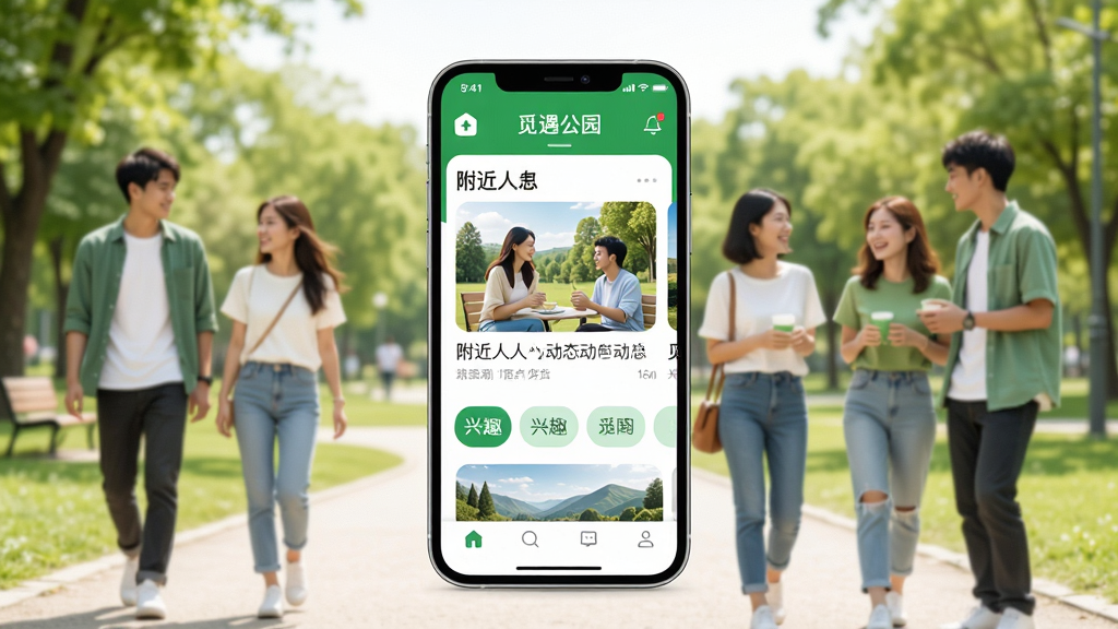 觅遇公园应用主界面展示,画面中心是一部智能手机,屏幕显示觅遇公园App的首页,包含附近的人动态卡片与兴趣标签,背景为明亮的公园场景,有年轻人在散步聊天,整体风格清新现代,色彩以绿色和白色为主,构图简洁,画质清晰,干净无多余元素