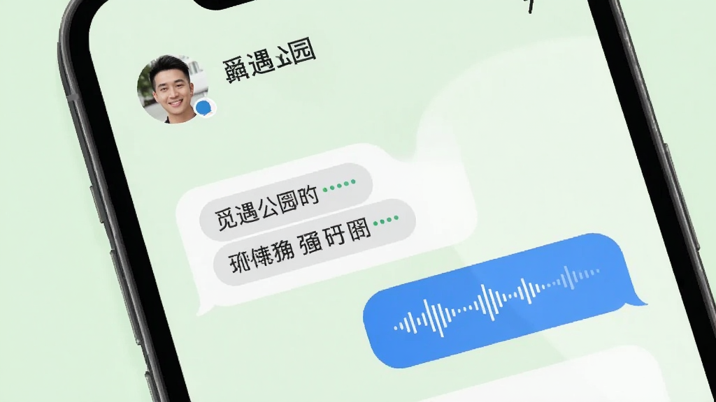 觅遇公园即时聊天界面,手机屏幕显示对话气泡,有文字和语音消息,顶部显示好友头像与昵称,背景为淡绿色,界面干净清爽,风格现代简约,画质清晰,无多余元素