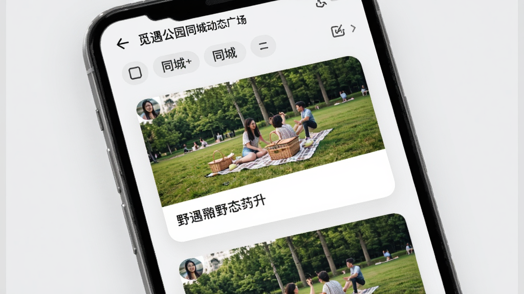 觅遇公园同城动态广场页面,手机屏幕显示瀑布流动态卡片,卡片中有用户分享的公园野餐照片和短文字,顶部有同城筛选标签,背景为浅灰色,界面排版整齐,风格生活化,画质清晰,干净无多余元素