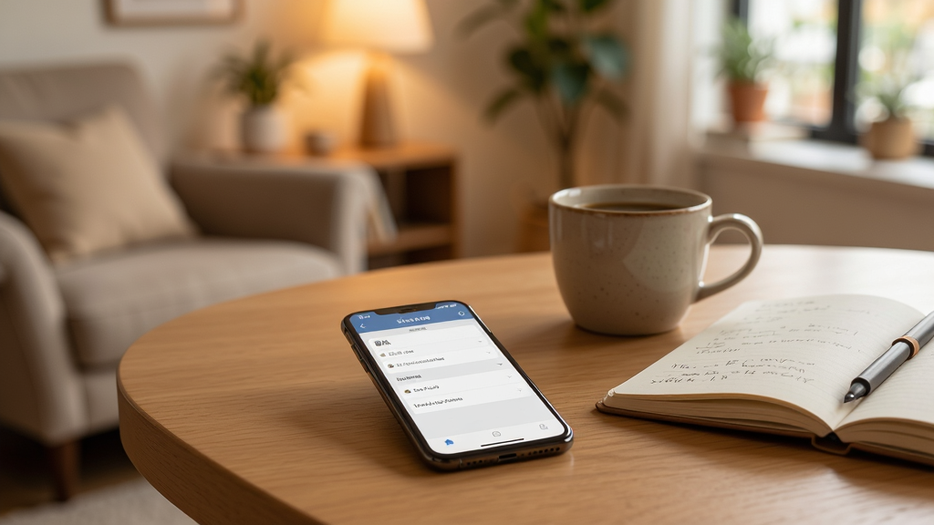 觅遇公园使用小贴士场景图,画面中一部手机放在桌面上,屏幕显示隐私设置页面,旁边有咖啡杯和笔记本,背景为温馨的室内环境,风格生活化,画质清晰,干净无多余元素