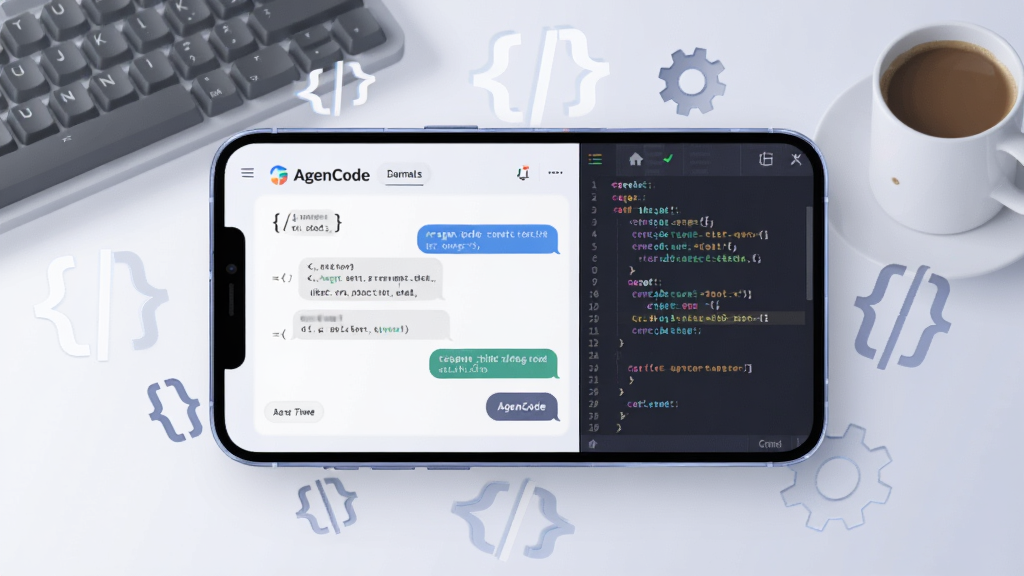 画面中央放置一部智能手机,屏幕显示 AgenCode 应用界面,界面左侧是对话式代码问答窗口,右侧是深色代码编辑器区域,代码行以高亮语法着色呈现,手机周围漂浮着半透明的代码括号、花括号与齿轮图标,背景为浅灰渐变的工作台桌面,桌面上摆放一副键盘与一杯咖啡,整体风格为现代科技扁平插画,细节包括界面按钮的圆角与阴影、代码字体的清晰笔画,画质清晰干净,无多余装饰元素