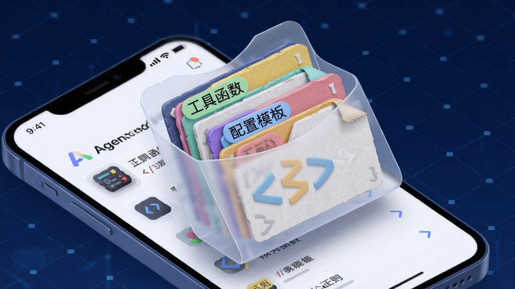 画面主体为一个半透明的数字收藏夹悬浮在手机屏幕上方,收藏夹内部分层排列着带有彩色标签的代码卡片,标签上写着“工具函数”“配置模板”“正则”等字样,手机屏幕显示 AgenCode 的收藏列表界面,背景为深蓝色科技网格,风格为立体质感插画,细节包括卡片的纸张纹理、标签的折角、悬浮阴影,画质精致干净,无多余元素