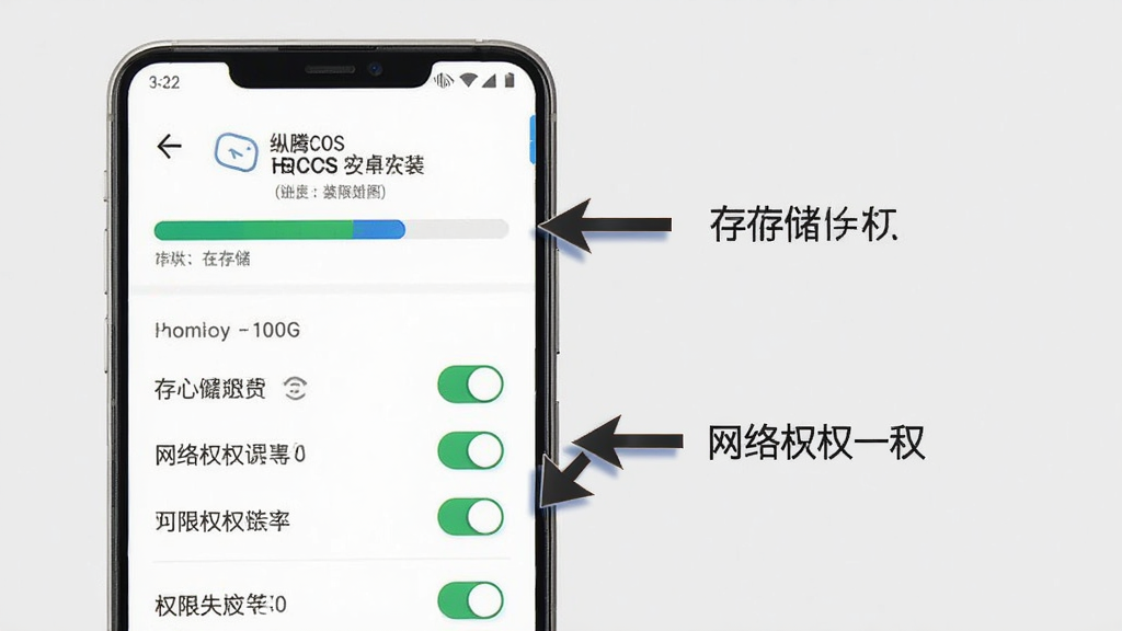 纵腾COS安卓手机安装与权限设置示意图,画面为手机屏幕展示安装进度条与权限开关列表,旁边有箭头指向存储与网络权限选项,背景为浅灰色,风格简洁说明性,细节清晰,画质高清,干净无多余元素