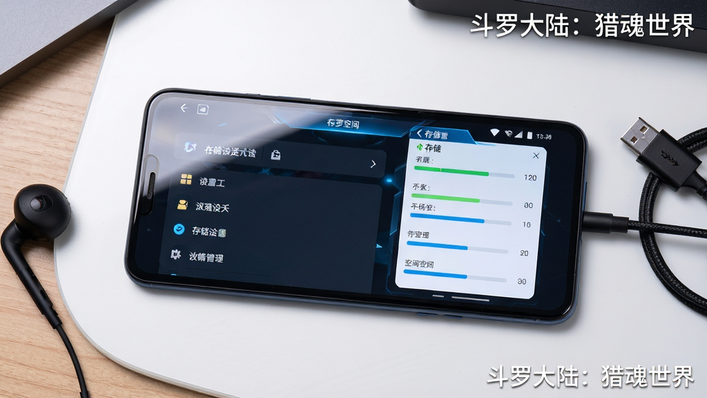 主体为一部横屏安卓手机放置在桌面上,屏幕显示游戏设置界面与存储空间管理面板,旁边放着耳机与充电线;布局采用俯拍视角、手机居中偏左;排版上手机屏幕占画面五成,桌面留白;风格为数码产品实拍风格,色彩以深灰、蓝白与木色为主;细节包括屏幕反光、设置选项图标、存储条刻度与线材质感;画质为高清、干净无多余元素,画面中打文字“斗罗大陆:猎魂世界”。