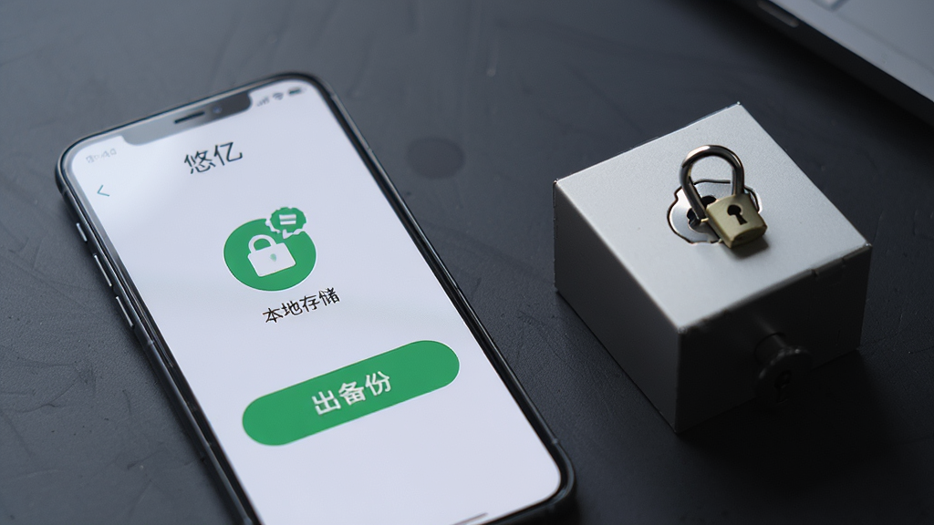 一部手机屏幕显示“悠亿”数据管理界面,界面中有本地存储标识和导出备份按钮,手机旁边放着一个带锁的小盒子象征数据安全,背景为深灰色桌面,光线柔和,风格科技感但不过度渲染,画质清晰,构图简洁