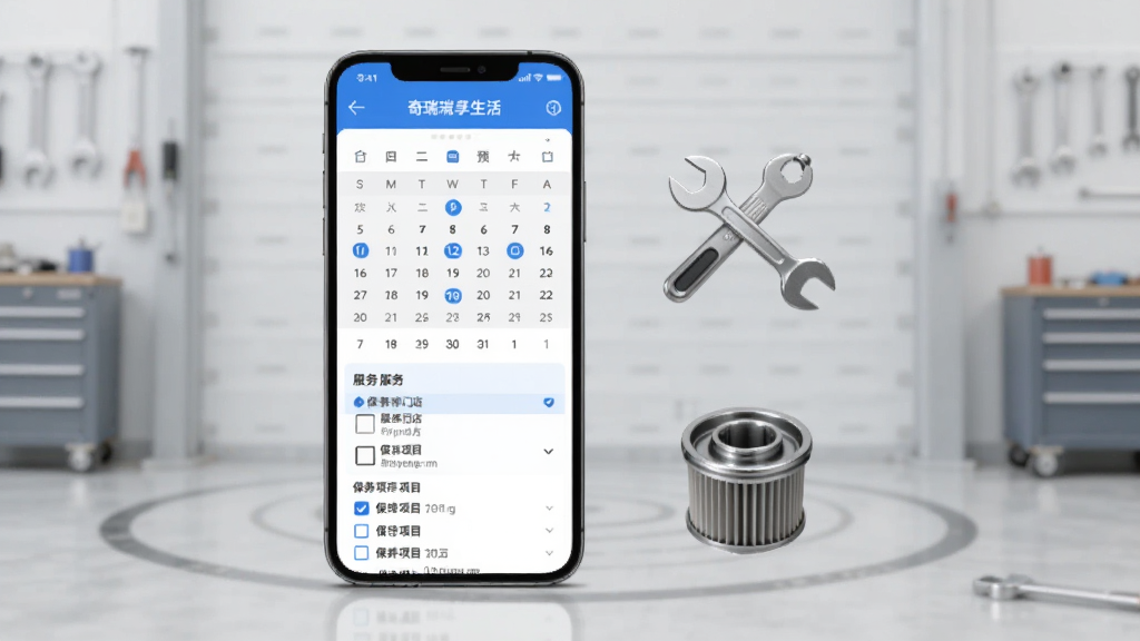 手机屏幕展示“奇瑞瑞享生活”维保预约界面,页面中显示日历选择器、服务门店列表与保养项目勾选项;手机旁放置扳手、机油滤芯等维修工具图标;背景为浅灰色车间风格,画质干净,无多余元素
