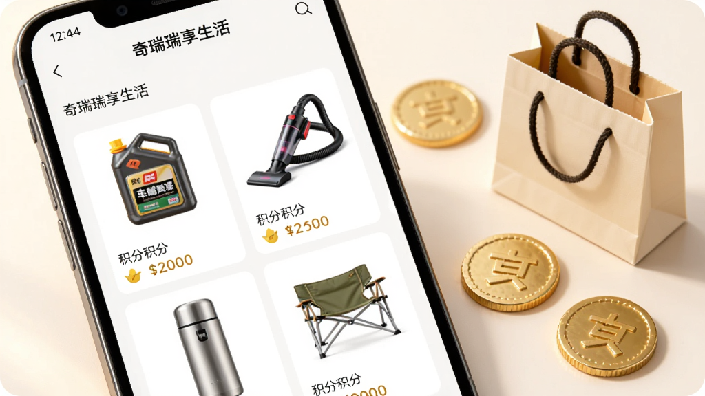 手机屏幕内展示“奇瑞瑞享生活”积分商城页面,页面中排列着机油桶、车载吸尘器、保温杯、露营椅等商品卡片,每张卡片下方标注积分价格;手机旁边散落几枚金色积分币与购物袋;背景为暖白色,风格清新明快,画质干净,无多余元素