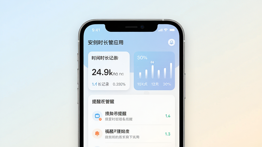 安利时长管家应用主界面展示,手机屏幕居中摆放,界面包含时长记录卡片与提醒列表,背景为浅色渐变,整体风格清爽简约,细节清晰,画质干净,无多余元素