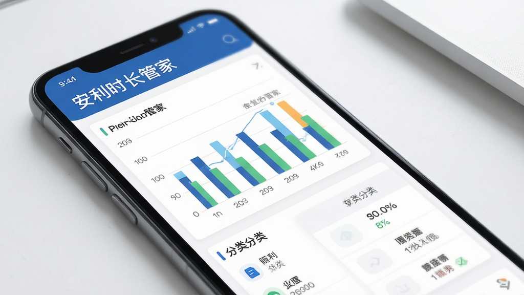 安利时长管家数据统计界面,手机屏幕显示柱状图与分类列表,界面元素包含