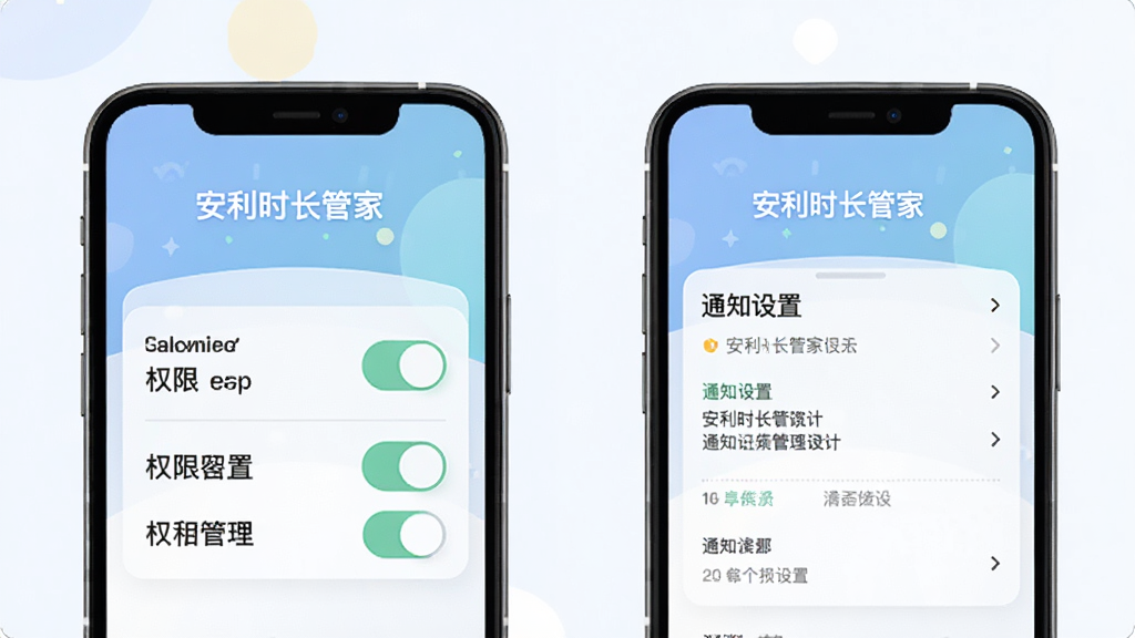 安利时长管家安装设置示意图,手机界面展示权限开关与通知设置,画面包含