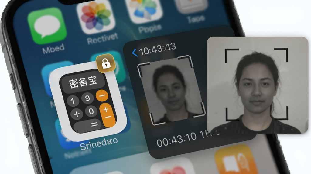 “密备宝”隐私防护功能示意图,主体为手机屏幕显示伪装成计算器的应用图标与抓拍记录弹窗,布局为桌面图标特写加右侧抓拍照片小窗,风格为写实科技风,细节包含计算器图标、锁形角标、人脸轮廓抓拍框、时间戳,画质高清干净无多余元素
