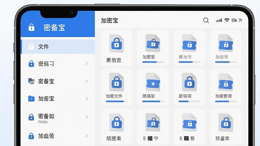 “密备宝”软件功能界面展示图,主体为手机屏幕显示加密文件列表与密码锁图标,布局为左侧文件分类导航栏加右侧加密文件缩略图网格,风格为清爽浅色系UI设计,细节包含蓝色主色调、锁形标识、文件类型图标、进度条元素,画质清晰干净无多余元素