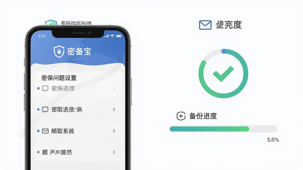 “密备宝”密码找回与备份功能示意图,主体为手机屏幕显示密保问题设置页面与备份进度条,布局为上下分栏结构,风格为简洁商务风,细节包含问题选项列表、邮箱图标、进度环、备份完成对勾,画质高清干净无多余元素