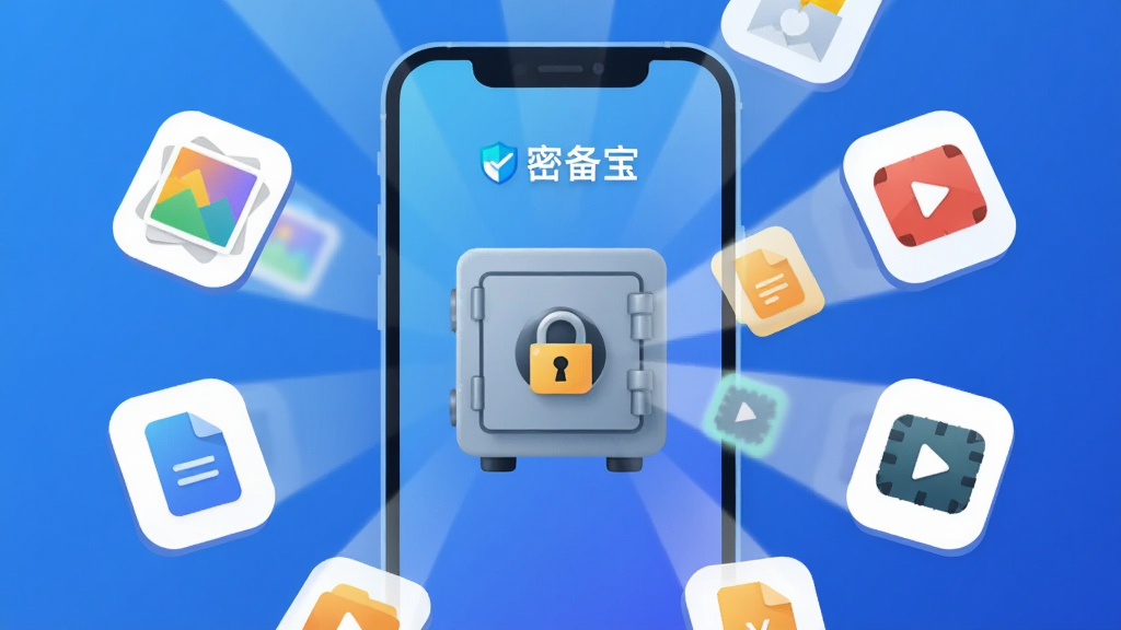 一款名为“密备宝”的手机安全软件宣传图,主体为一部智能手机屏幕中央显示带锁的保险箱图标,四周环绕相册、文档、视频等文件图标被吸入保险箱的动效示意,布局采用中心放射构图,风格为简约科技感扁平插画,细节包含蓝色渐变背景、柔和光效、圆角图标,画质高清干净无多余元素