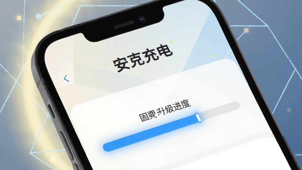 手机屏幕显示“安克充电”应用固件升级进度条页面,进度条呈蓝色高亮,页面顶部有“安克充电”字样,背景为柔和光晕与几何线条,科技感扁平插画风格,布局简洁,细节清楚,画质干净