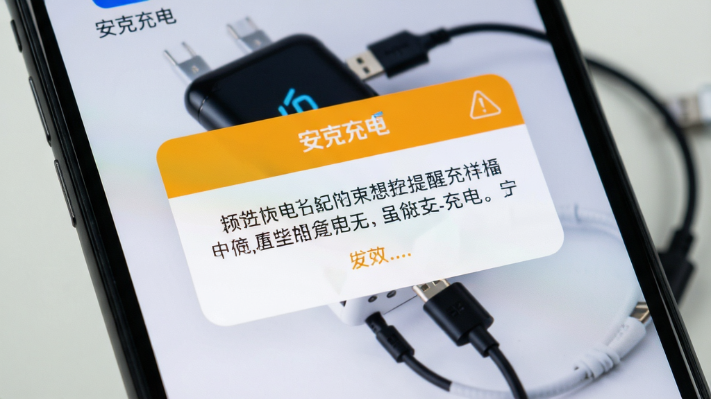 手机屏幕显示“安克充电”应用弹出的安全提醒卡片,卡片为橙黄色警示配色,文字区域留白,背景虚化的充电设备与数据线,界面设计风格简洁,构图清晰,画质干净无杂乱