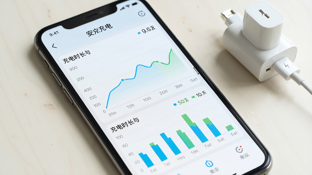 手机屏幕呈现“安克充电”应用内的充电记录图表页面,折线图与柱状图组合展示充电时长与功率,配色清新,背景为浅色桌面与充电器实物,数据可视化风格,排版整齐,画质细腻干净