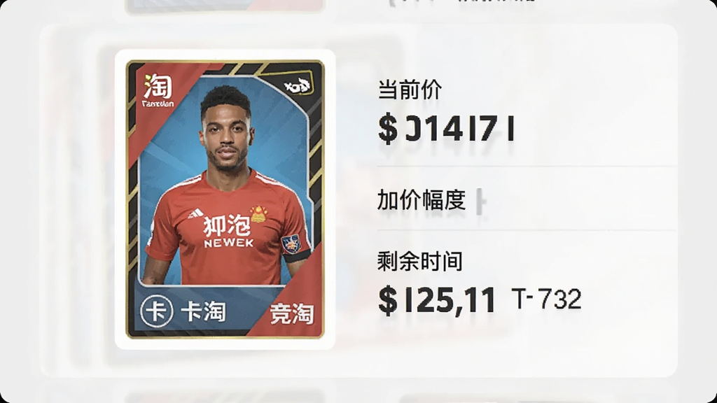 卡淘应用内竞拍页面截图风格,画面中央是一张球星卡牌商品卡片,旁边显示“当前价”“加价幅度”“剩余时间”等竞拍信息,背景为浅灰色,界面排版整齐,风格商务简洁,细节清晰,画质高清,画面干净,无多余元素