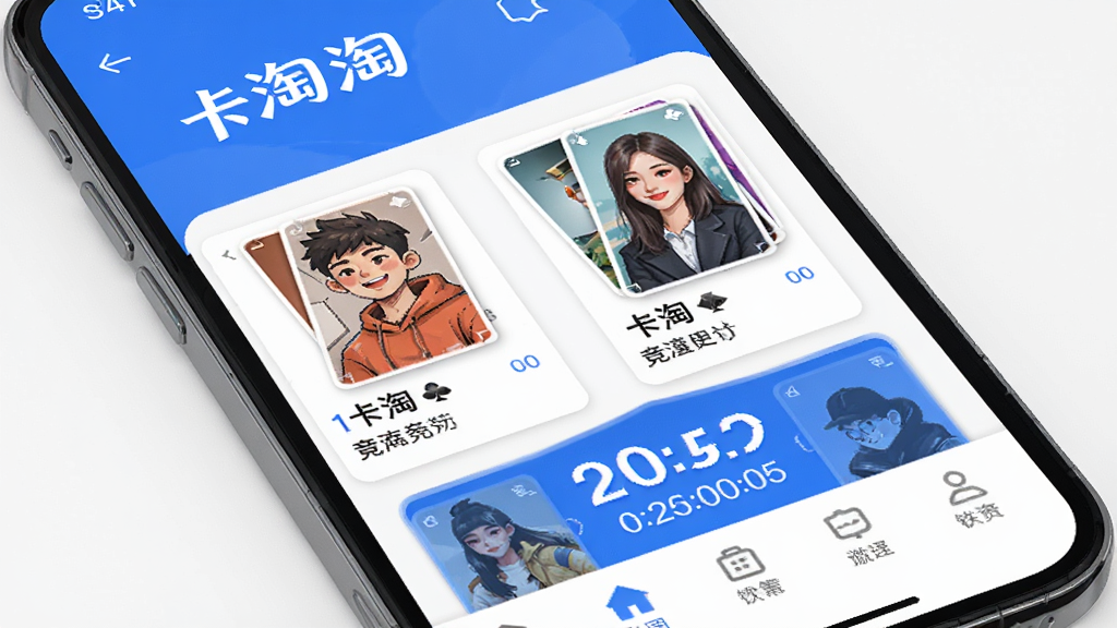 手机屏幕中展示卡淘应用主界面,上方有“卡淘”字样,中间是卡牌商品列表和竞拍倒计时,下方是导航栏,整体采用蓝白配色,布局清晰,风格简洁现代,细节丰富,画质高清,画面干净,无多余元素