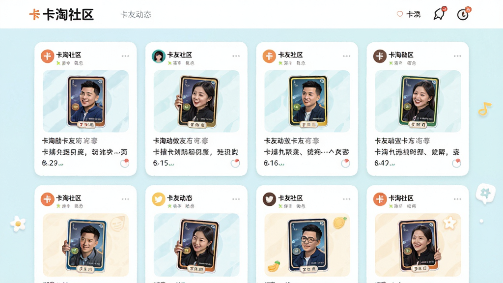 卡淘社区页面风格,画面展示多条卡友动态,每条动态配有小尺寸卡牌图片和文字描述,界面采用卡片式布局,配色清新浅色,风格友好活泼,细节丰富,画质高清,画面干净,无多余元素