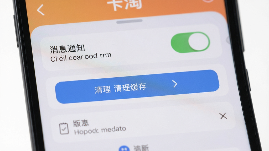 手机屏幕展示卡淘应用设置页面,包含消息通知开关、清理缓存按钮、版本信息等选项,界面简洁,配色柔和,风格实用,细节清晰,画质高清,画面干净,无多余元素