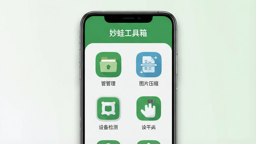 一张展示“妙蛙工具箱”手机应用主界面的产品预览图,画面中央是一部竖屏安卓手机,屏幕内显示绿色主题的工具箱首页,首页顶部为“妙蛙工具箱”文字标识,中部以网格布局排列文件管理、图片压缩、文字识别、设备检测、快捷开关等工具图标,图标风格扁平圆润,背景为浅灰白色,整体排版干净整洁,风格为现代移动应用UI展示,细节包含手机边框高光、轻微阴影和柔和渐变背景,画质高清,画面干净无多余元素