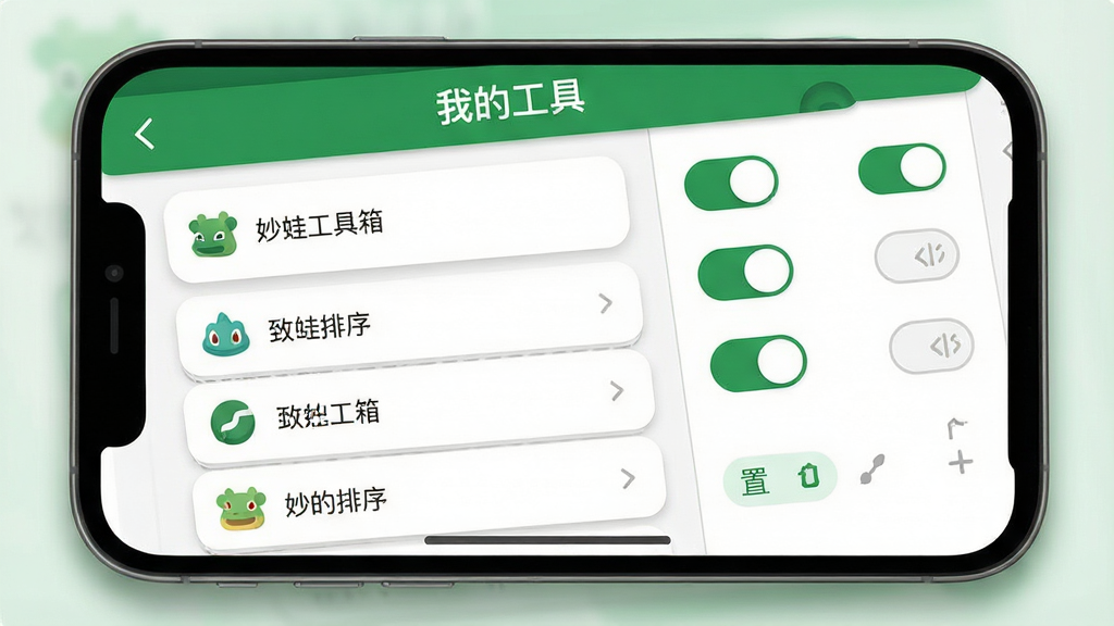 一张展示“妙蛙工具箱”设置与工具排列界面的产品截图风格图,画面为手机屏幕特写,屏幕内显示工具管理页面,左侧为可拖拽排序的工具列表,右侧为开关按钮和置顶标记,顶部有“我的工具”标题栏,配色以白底绿点缀为主,排版为左右分栏结构,风格为清爽移动端UI设计,细节包含圆角卡片、细分割线和轻投影,画质高清,画面干净无多余元素